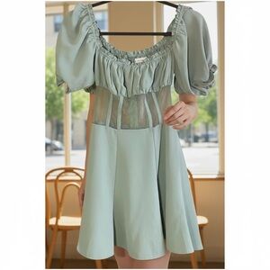 Sage Green Ruched Sheer Babydoll Mini Dress‎ with Puff Sleeves